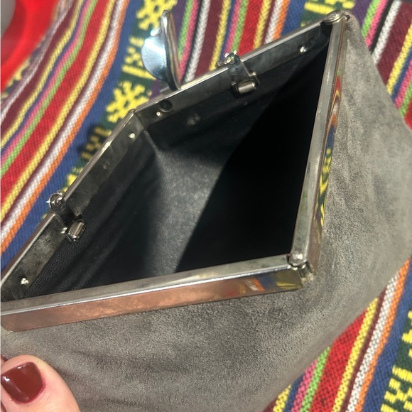 Vintage Suede Leather gray clutch pouch with silver wrist chain - Picture 6 of 7